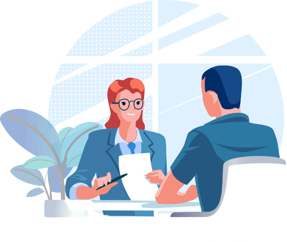Illustration: Personen sitzen gegenüber bei einem Bewerbungsgespräch.