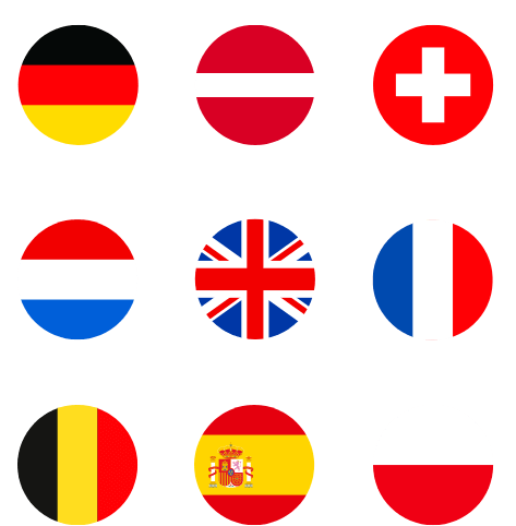 Flaggen von Deutschland, Österreich, Schweiz, Niederlande, Großbrittanien, Frankreich, Belgien, Spanien, Polen