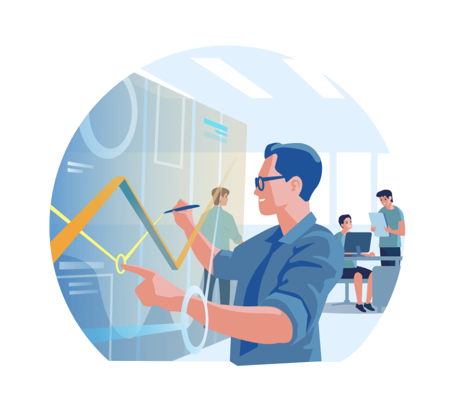 Illustration: Mann arbeitet an einem digitalen Board mit Graphnen, zwei weitere Männer im Gespräch vor dem Computer.