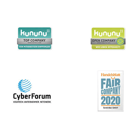 Zusammenstellung der Auszeichnungen die Sovendus erhalten hat. Kununu Top Company, Kununu Open Company, CyberForum und Fair Company 2020