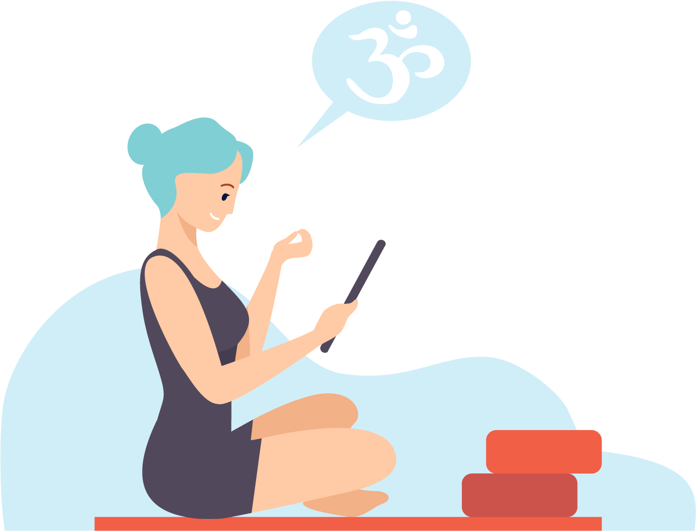 Illustration: Frau im Schneidersitz auf Yogamatte, mit Tablet in der rechten Hand, linke Hand Om-Zeichen, Sprechblase mit Schriftzeichen Om